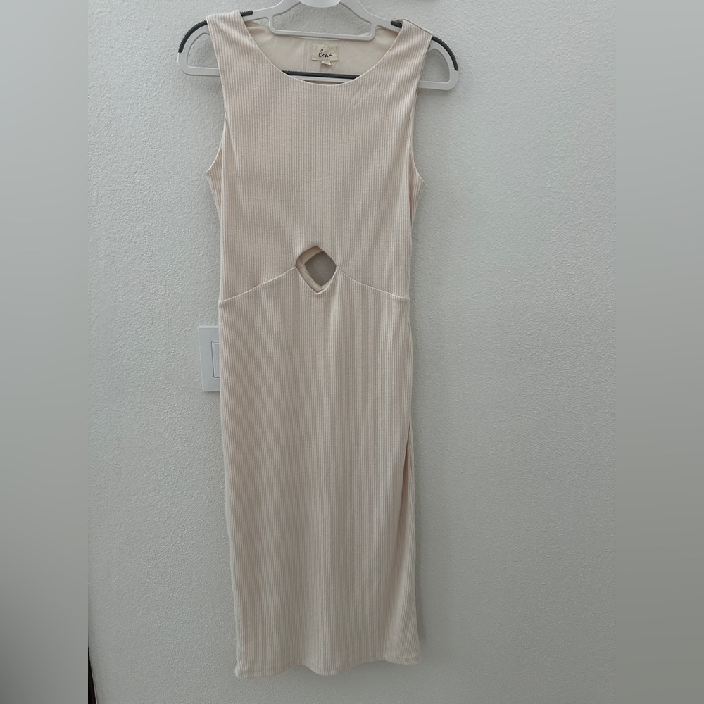 Lena Cream Sheath Midi Dress Mock Neck Cocktail
